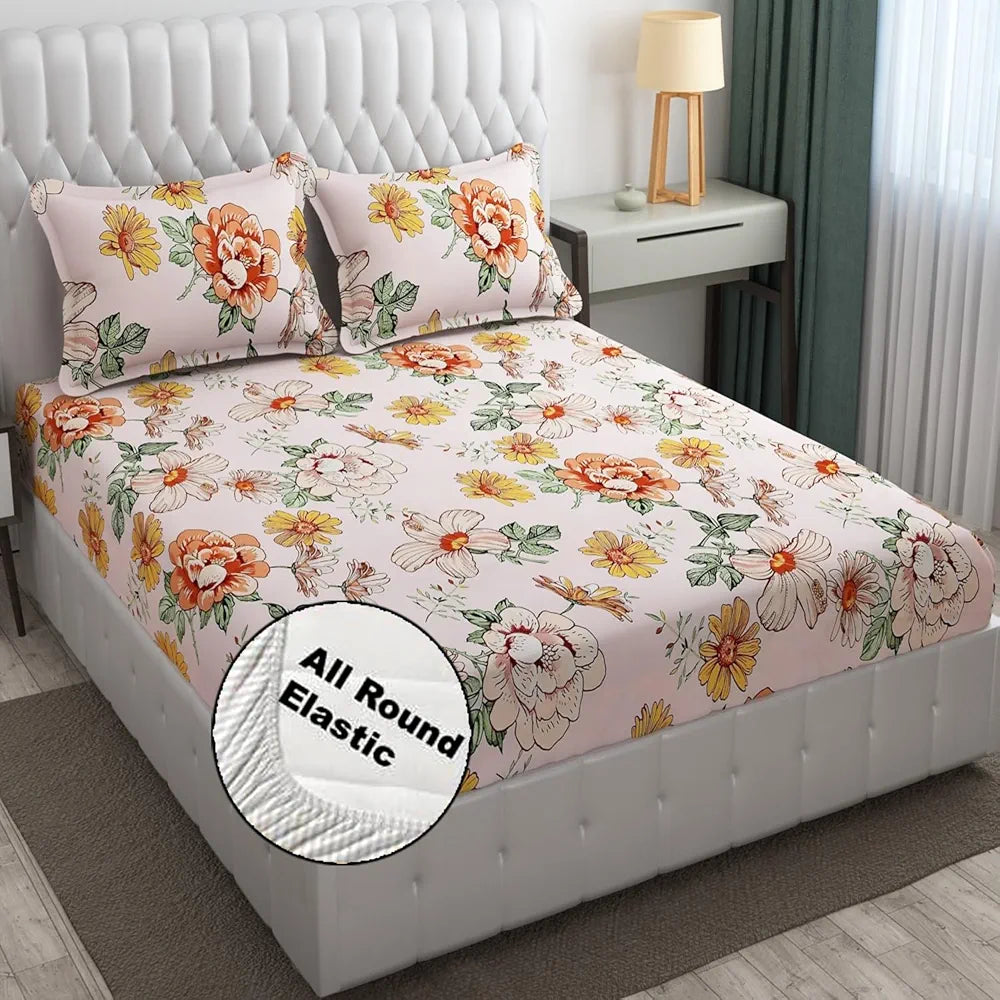 FRESH FROM LOOM King Size Microfiber Fitted Bedsheet With Floral Print,240 TC,Hypoallergenic,Includes 2 Pillow Covers,Vanilla,Floral Design),Multicolor