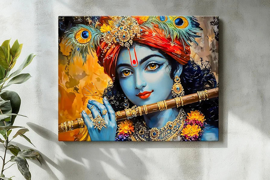 ArtX Canvas Krishna Playing Flute Wall Painting, Krishna Photo Frame For Living Room, Bedroom, Multicolor, Abstract, 58.0 X 45.0 cm, Set of 1