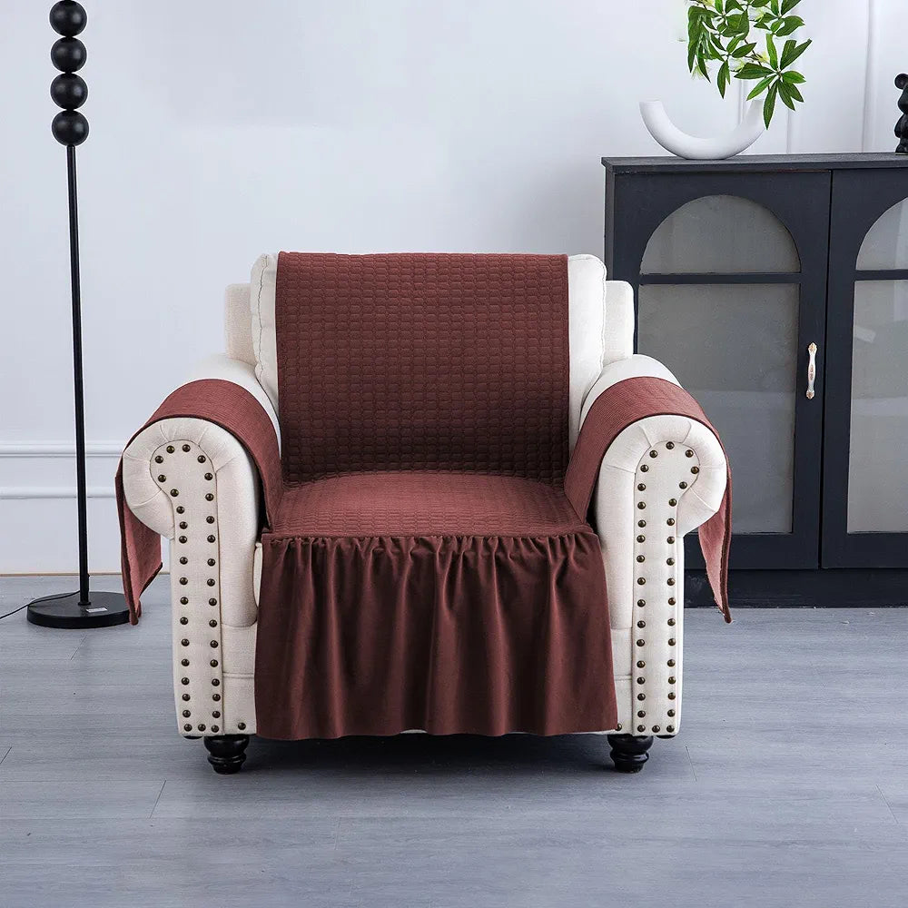 Kuber Industries Soft Velvet Quilted Single Seater Sofa Cover with Pocket Arms | Sofa Protector Cover | Sofa Slipcover Set | Non-Slip Couch Cover for Living Room | Frill - Maroon