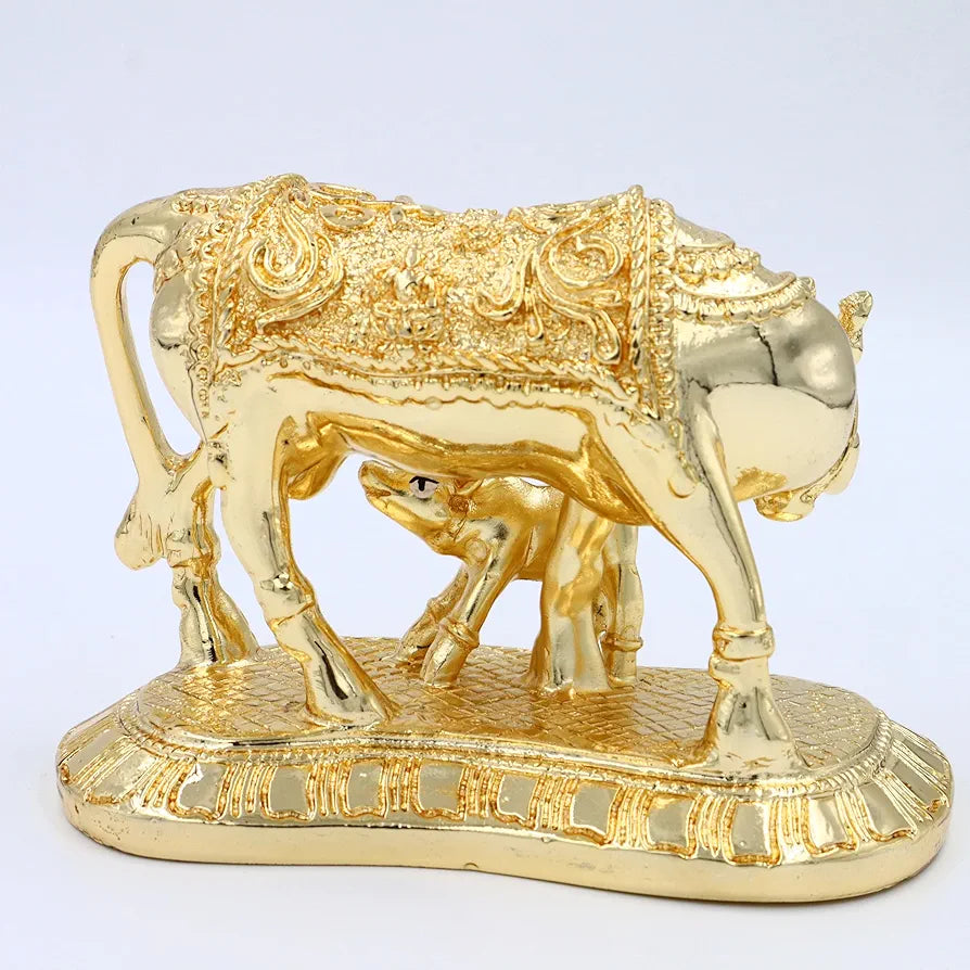 JAIPUR ACE Kamdhenu Cow with Calf Statue, Standard Size, Golden   
