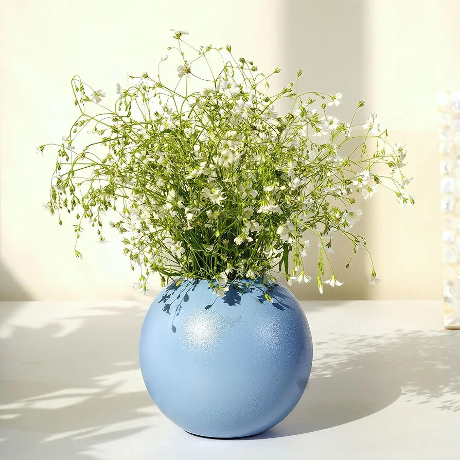 BEHOMA Metal Ball Round Flower Vase for Home Decor | Table Decorative Item for Bedroom Living Room Office Wedding | Best Gift for Birthday Anniversary Festival | Blue, Small