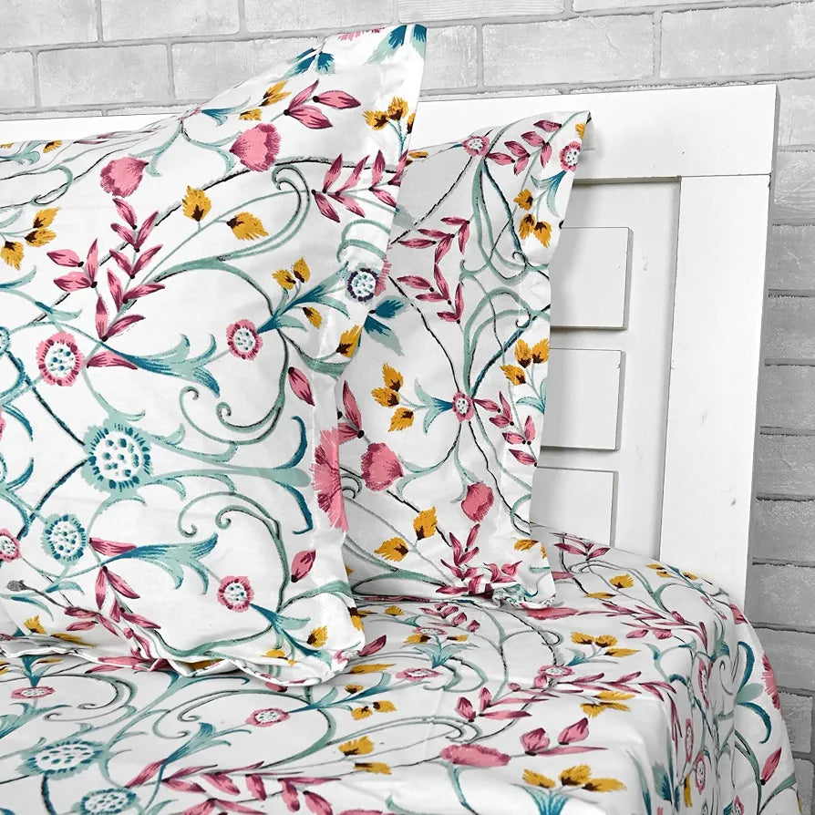 Divine Casa 144 TC Cotton White Jaipuri Bedsheets for King Size with 2 Pillow Covers 