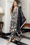Janasya Women's Black Cotton Embellished Kurta with Palazzo and Dupatta
