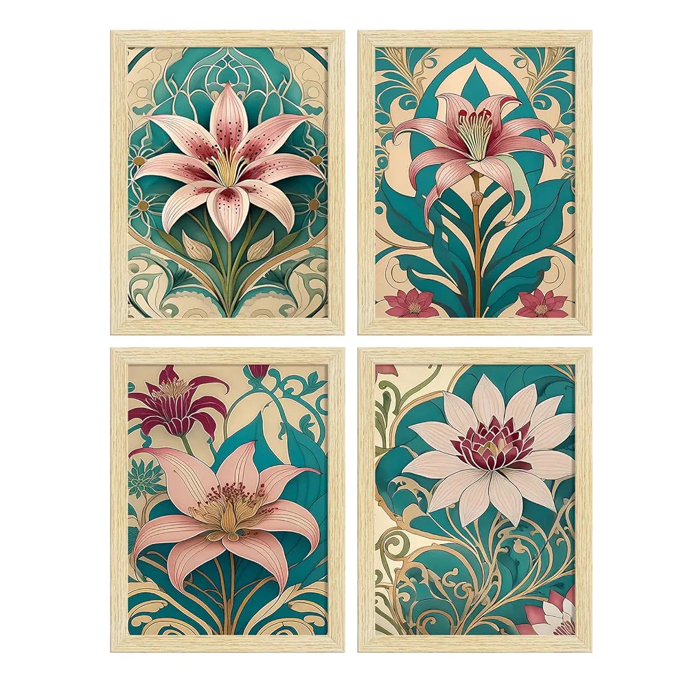 ArtX Paper Lilly Flowers Botanical Art Paintings With Frame for Home Decor, Wall Painting for Living Room, Multicolor, Set of 4