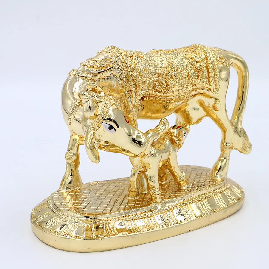 JAIPUR ACE Kamdhenu Cow with Calf Statue, Standard Size, Golden   