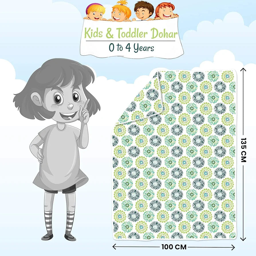 Divine Casa Floret 100% Cotton Single Kids Dohar | 120 GSM | Soft & Lightweight Throw Blanket | Cozy & Breathable Bedding | All-Season Comfort | 140 x 100 CM, Green Blue