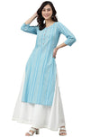 Janasya Women's Blue Cotton Striped Straight Kurta