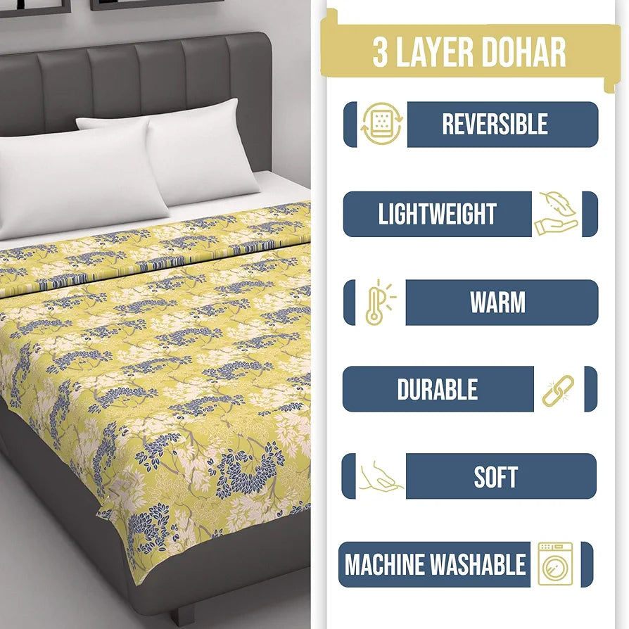 Divine Casa 100% Cotton Single Bed Dohar | Ultra-Soft AC Blanket | Lightweight & Reversible Summer Quilt | 210 x 140 CM, Lemon Drop Yellow
