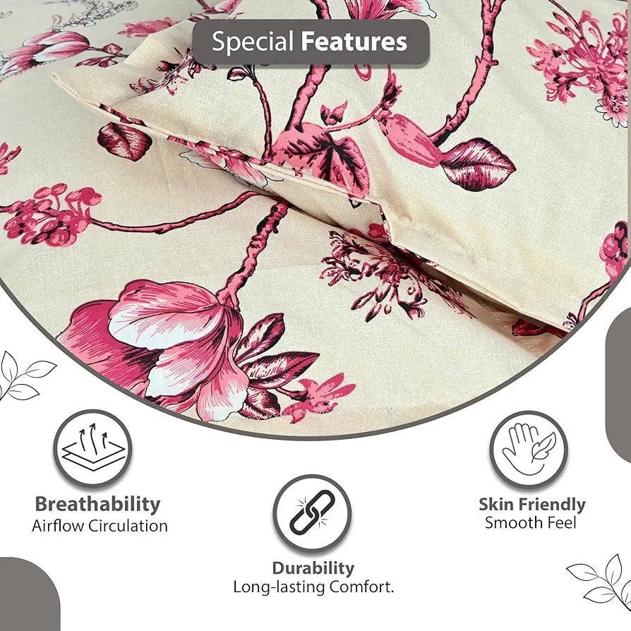 Divine Casa Double Size Bedsheet for Double Bed, 144 TC Pure Cotton Queen Size with 2 Pillow Covers | 222 by 254 cm | Floral | Sky Blue Mist