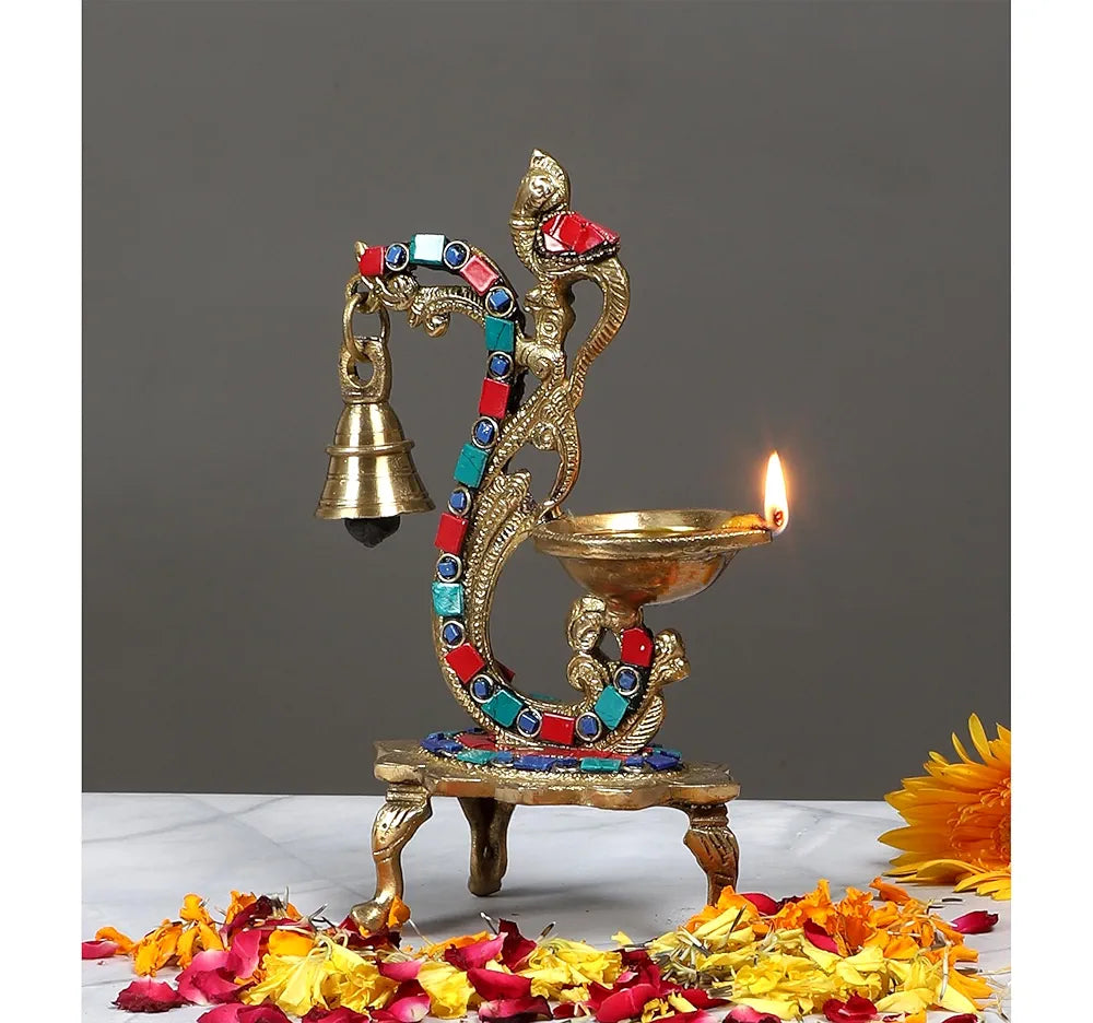 Two Moustaches Gemstone Work Ethnic Carved Peacock Design Brass Diya with Bell , Brass Antique Oil Lamp, Diyas for Home , Size - 8 Inches , Standard , Pack of 1
