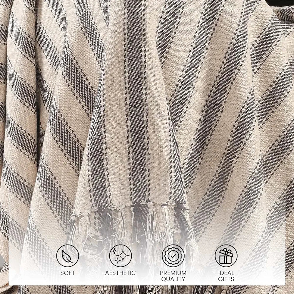 SASHAA WORLD Striped Throw Medium with Tasselled Edges |Throw for Living Room, Bedroom, Sofa & Chair |Charcoal Throw Blanket | 180 x130 cm