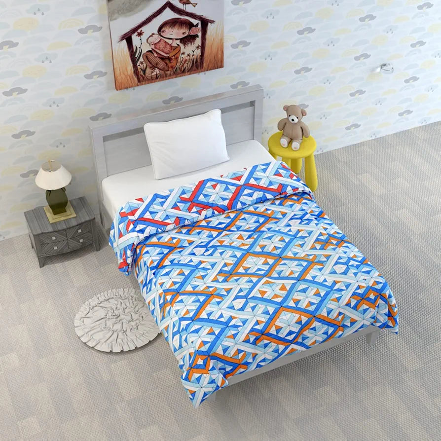Divine Casa 120 GSM Microfiber Reversible Kids Single Bed Comforter | Ultra-Soft Toddler Blanket | Lightweight & Cozy | All-Season Bedding for Babies & Kids | 135 x 100 cm, Blue-Red and Orange