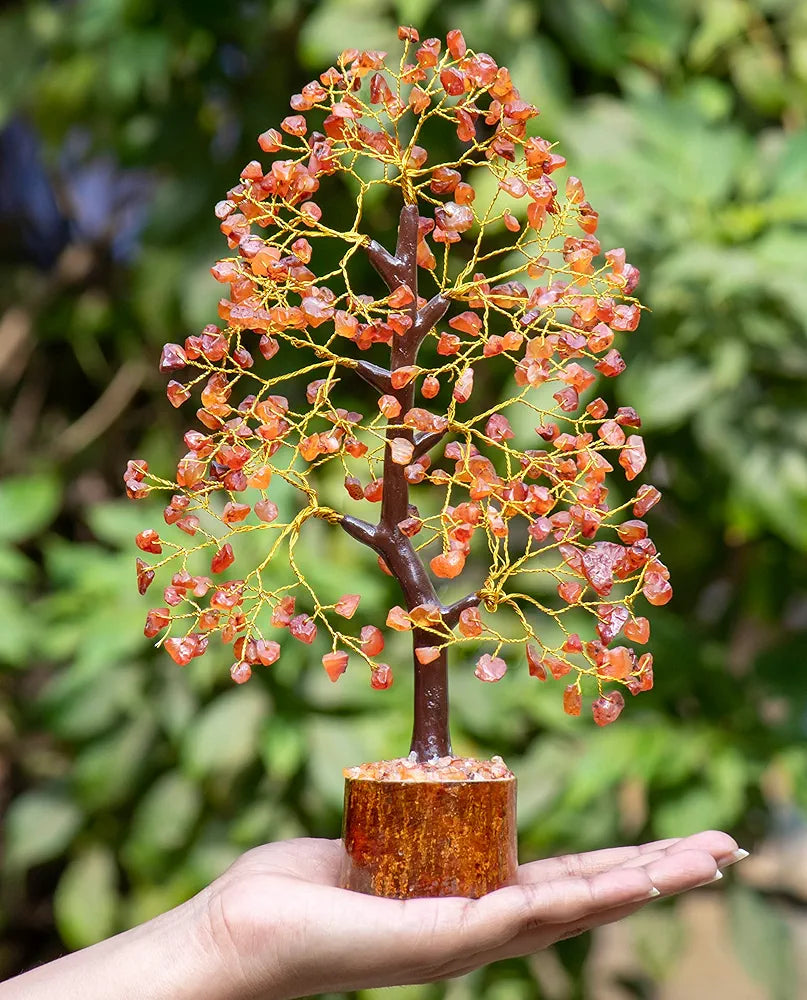HindCraft Carnelian Chakra Crystal Tree Good Luck Showpiece for Home Decor Items Crystals Gemstones Bonsai Money Tree for Good Luck, Decoration Gift Item, Golden Wire, 10-12 inch