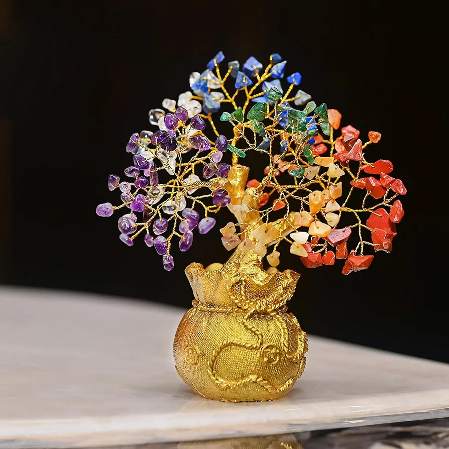 ZAICUS Lucky Feng Shui 7 Chakra Tree with Golden Money Bag Base - Healing Crystal Gemstone Bonsai Tree for Wealth, Prosperity, Positive Energy, and Home Decor, Good Luck Gift - 
