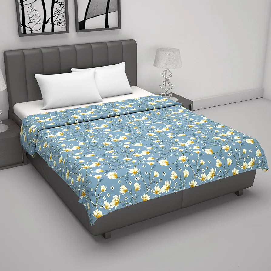 Divine Casa 100% Cotton Double Bed Dohar | Ultra-Soft & Lightweight AC Blanket | Reversible Summer Quilt | 220 x 205 CM, Blossom Haven Sky Blue