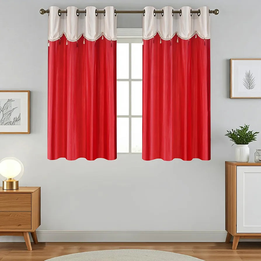 Homefab India Designer Lace Eyelet Polyester Curtains; Light Filtering, 5 x 4 feet Window Curtain, Maroon, Pack of 2 Pieces