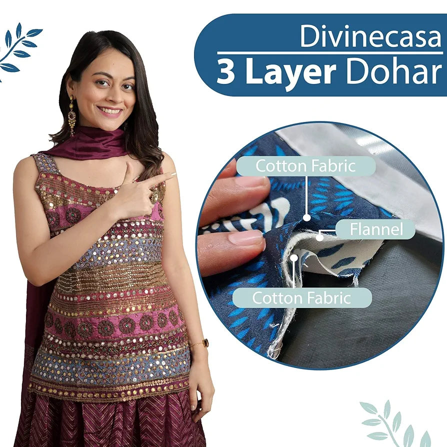 Divine Casa Floret 100% Cotton Double Dohar | 120 GSM | Soft & Lightweight Throw Blanket | Reversible Design | Cozy & Breathable Bedding | All-Season Comfort | 220 x 205 CM, Winter Fern