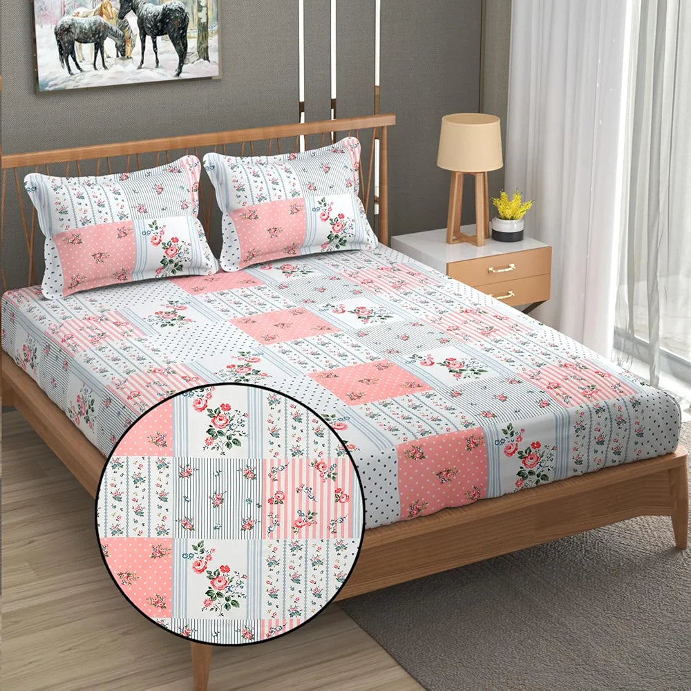 FRESH FROM LOOM Floral Print King Size Fitted Bedsheet Set - Microfiber, 240 TC, Hypoallergenic, 2 Pillow Covers Included  | Pink-White)
