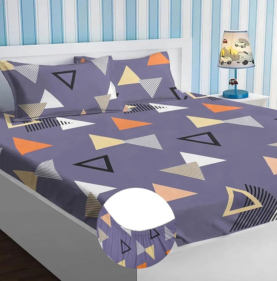 HOMEKART Premium Cotton Elastic Fitted Bedsheets with 2 King Size Pillow Covers Double Bed with All Around Elastic Supersoft Size - 72 x 78 +10 inches Abstract Blue and Orange 200 tc - 220 tc