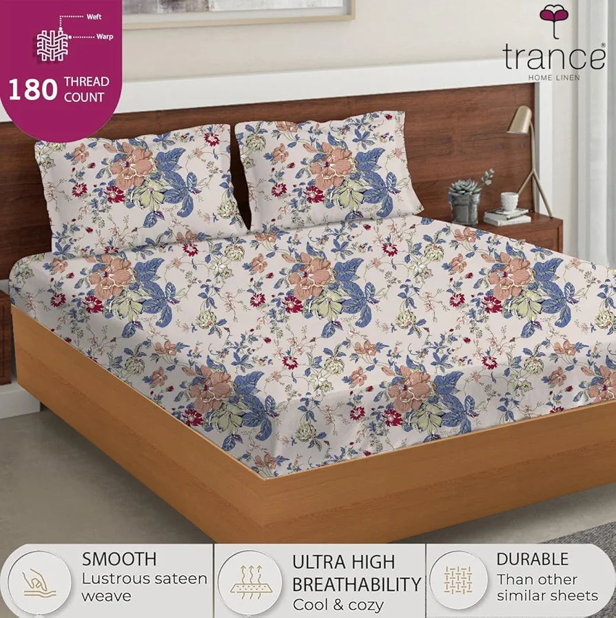 Trance Home Linen Skin Friendly 100% Cotton Printed Fitted Bedsheet for Queen Size Bed with 2 Pillow Cover - Premium 180TC 