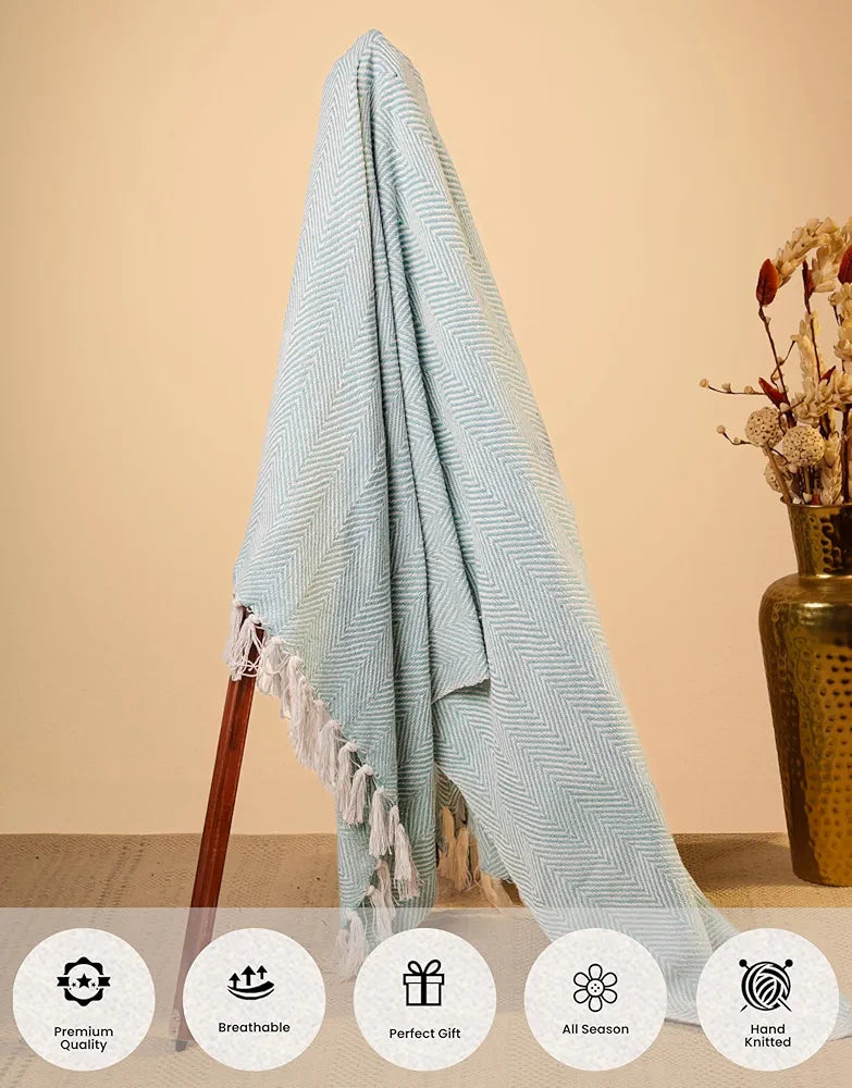 SAJAVAT HOME Hand-Knitted Pure Cotton 3 Seater Sofa Throw | 80x52 Inches/204x132 Cm | Throw for Sofa, Bed, Chair & Travel - Ideal for All Season | Sky Blue - Pack of 1