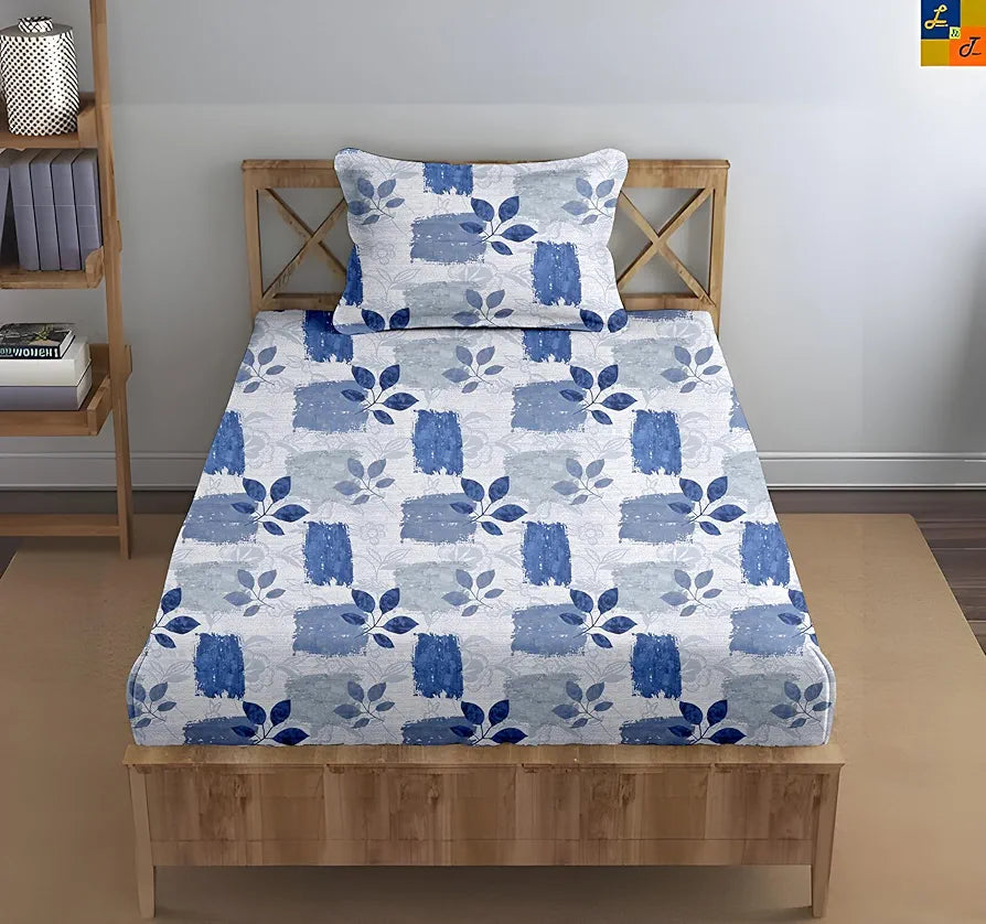 Trance Home Linen 100% Cotton 144Tc Elastic Fitted Bedsheet | Printed Single Bed Size Elasticated Fitted Bedspread with 1 Pillow Cover 