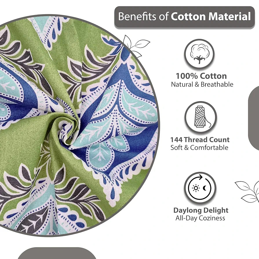 Divine Casa Double Size Bedsheet for Double Bed, 144 TC Pure Cotton Queen Size with 2 Pillow Covers | 222 by 254 cm | Floral | Palm Green