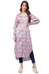 Janasya Women's Sea Green Satin Digital Floral Printed Gathered Kurta