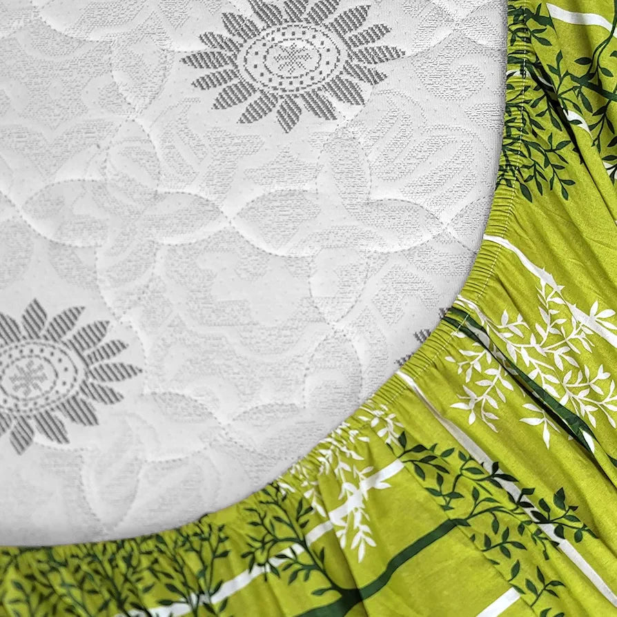 Divine Casa 144 TC Floral Green 100% Cotton Elastic Fitted Bedsheet for Double Bed with 2 Pillow Covers – Soft, Breathable, 150 x 200 cm