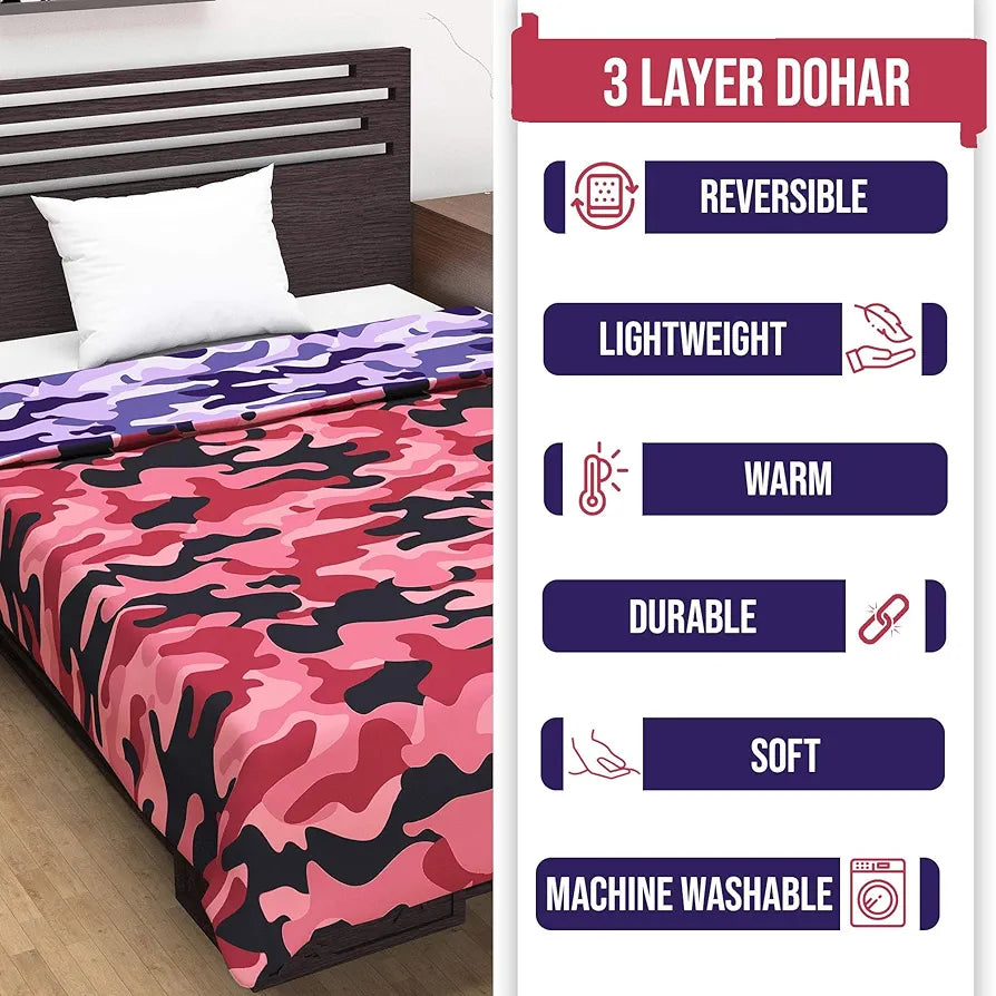 Divine Casa 120 GSM Microfiber Single Dohar | Soft & Lightweight Throw Blanket | Cozy & Breathable | All-Season Comfort | 210 x 140 CM | Camouflage Pattern | Wild Orchid