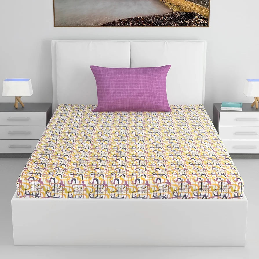 Divine Casa 144 TC 100% Pure Cotton Single Bed Bedsheet with 1 Pillow Cover | Soft, Durable & Fade-Resistant | All-Weather Comfort & Bedroom Decor| Size 145 x 223 CM | Wavy Pattern | Charcoal Yellow