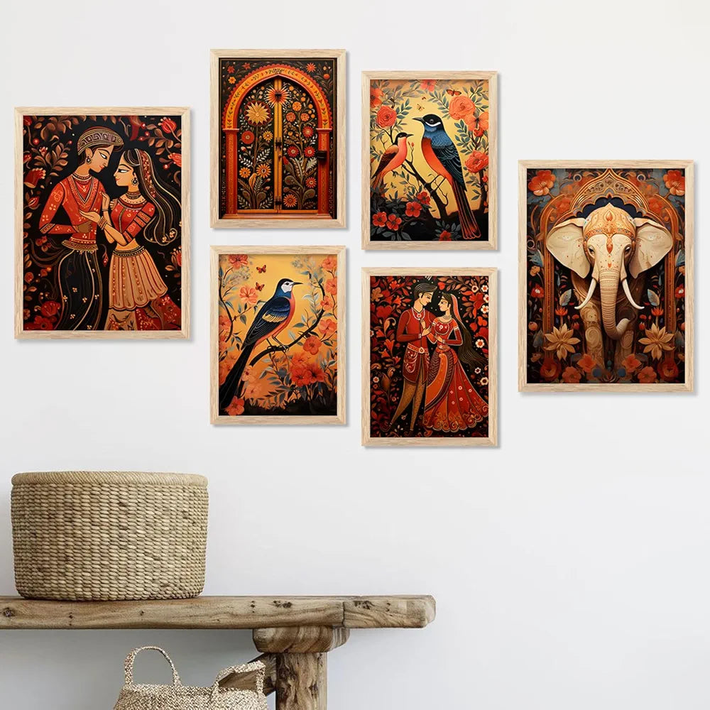 kotart Madhubani Art Paintings with Frame for Home Decoration - Painting for Wall Decoration - Traditional Framed Painting for Living Room Bedroom Office Decorn - Pack of 6 