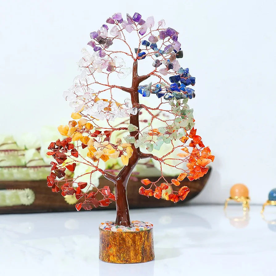 HindCraft Seven Chakra Crystal Tree Good Luck Showpiece for Home Decor Items Crystals Gemstones Bonsai Money Tree for Good Luck, Decoration Gift Item, Copper Wire, 10-12 inch