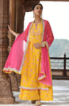 Janasya Women's Yellow Cotton Embroidered Kurta with Palazzo and Dupatta - 2XL