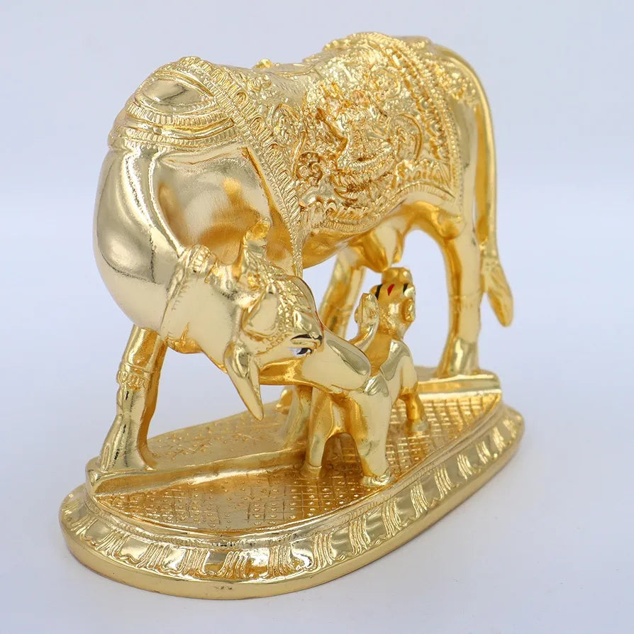 JAIPUR ACE Kamdhenu Cow with Calf Statue, Standard Size, Golden   