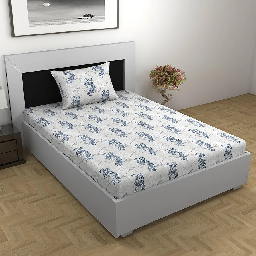 Divine Casa Bedsheet for Single Size Bed 144 TC Cotton Bedsheet for Single Size Bed with 1 Pillow Cover  Floral Grey Blue Cotton Bedsheet