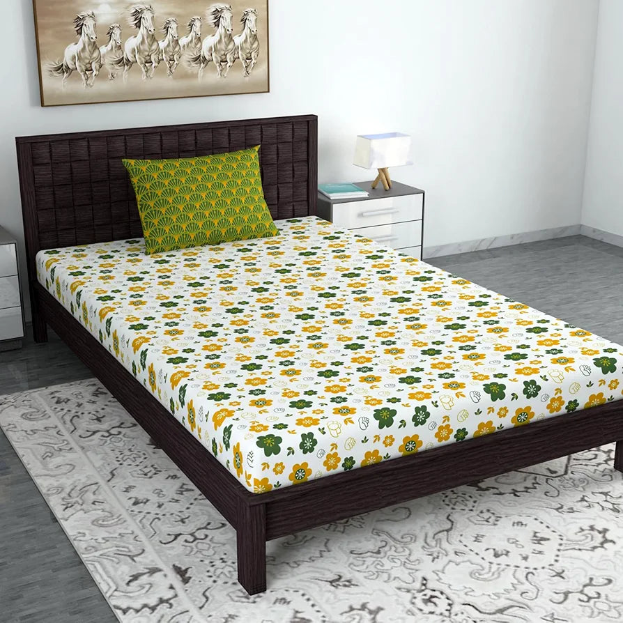 Divine Casa Bedsheet for Single Size Bed 144 TC Cotton Bedsheet for Single Size Bed with 1 Pillow Cover  Floral Mustard Green Cotton Bedsheet