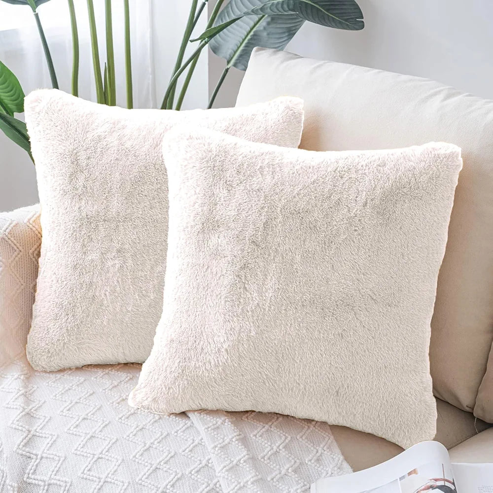 Luxe Home Cushion Cover 16 inch x 16 inch Duble Side Rabbit Fur Plain Design Covers Set of 2 for Sofa, Bedroom, livingroom 