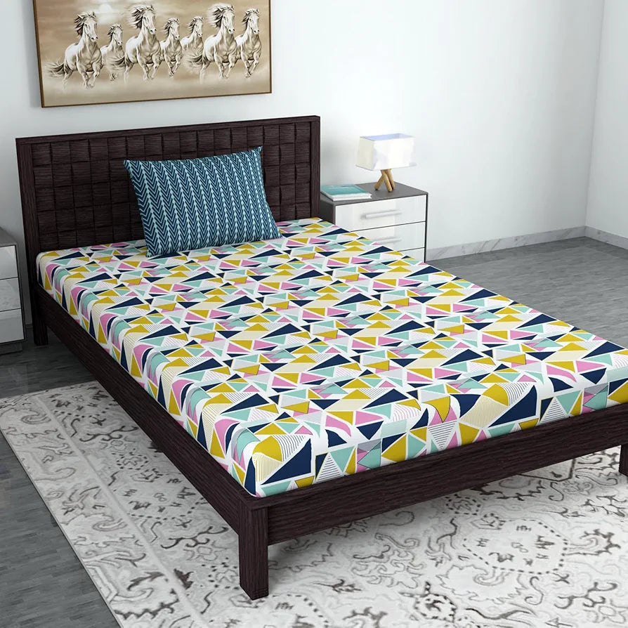 Divine Casa Bedsheet for Single Size Bed 144 TC Cotton Bedsheet for Single Size Bed with 1 Pillow Cover  Geometric Multicolor Cotton Bedsheet