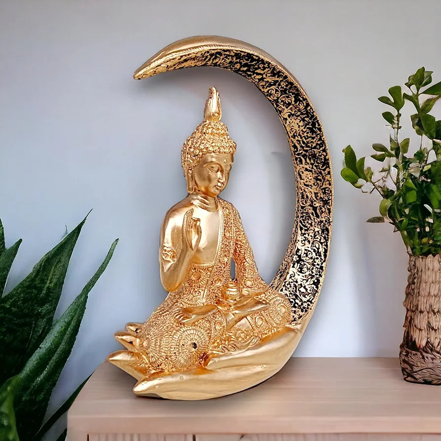 Antique Meditating Moon Buddha Showpiece | Polyresin Idol Statue for Home Decor, Living Room, Office | Housewarming Gift 