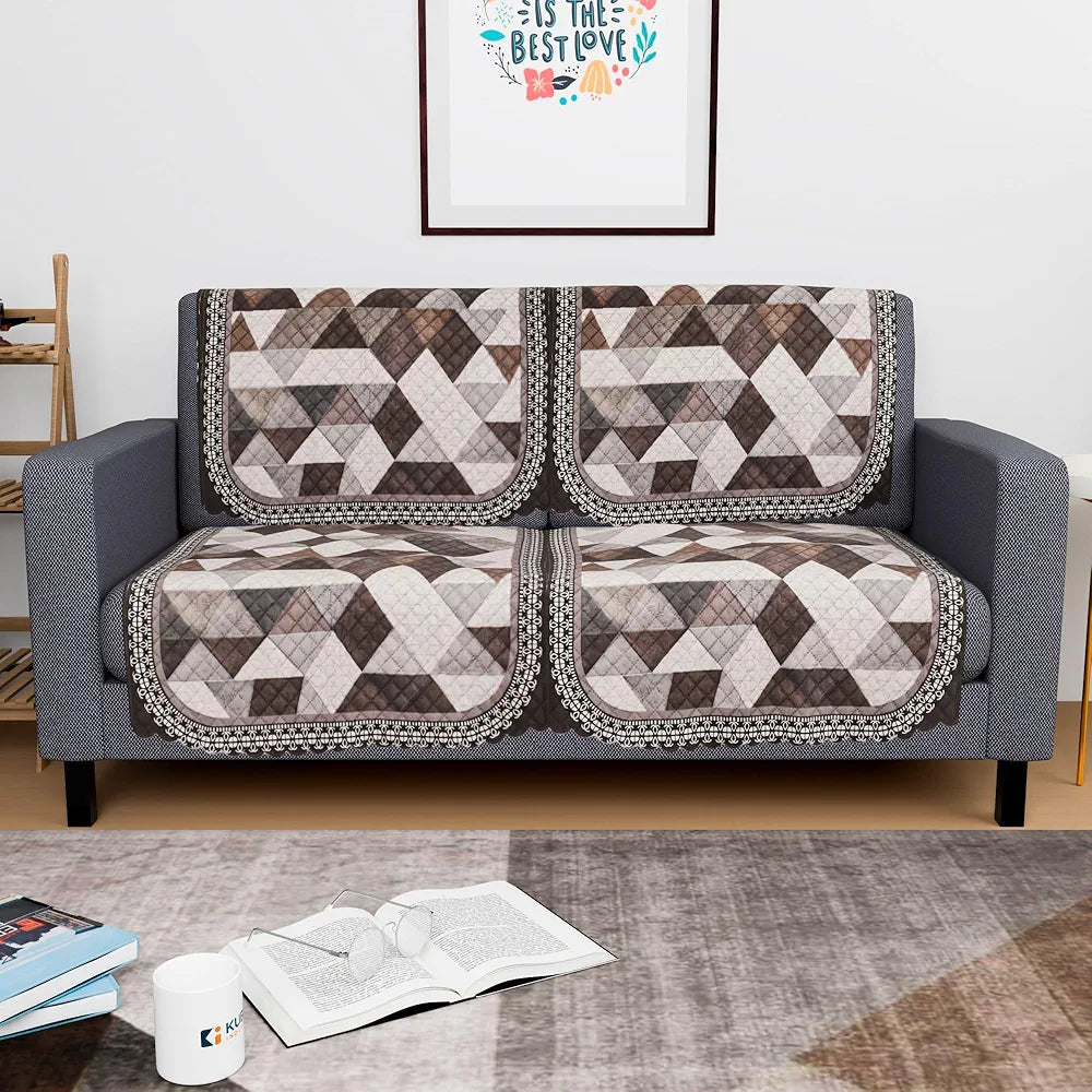 Kuber Industries Set of 4 Durable 2 Seater Sofa Cover for Living Room | Easy Machine Washable Sofe ke cover for Protection & Comfort for Home Furniture | Triangle Print - White & Brown