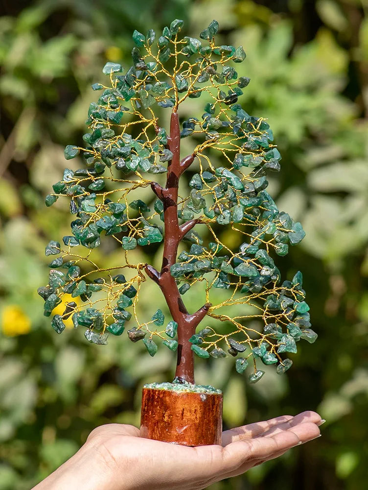 HindCraft Green Aventurine Crystal Tree Good Luck Showpiece for Home Decor Items Crystals Gemstones Bonsai Money Tree for Good Luck, Decoration Gift Item, Golden Wire, 10-12 inch