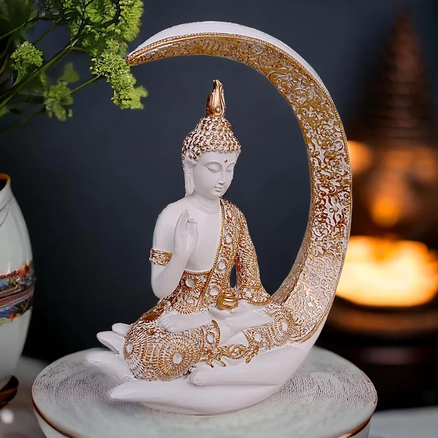 Antique Big Meditating Moon Buddha Statue Showpiece for Home Decor - Living Room - House Warming - Office - Gifting - Buddha Idol Polyresin Decorative Figurine 