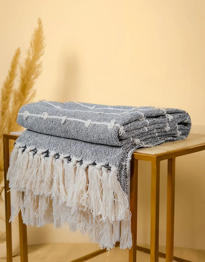 SAJAVAT HOME Hand-Knitted Pure Cotton 3 Seater Sofa Throw | 80x52 Inches/204x132 Cm | Black & Beige Throw for Sofa, Bed, Chair & Travel - Ideal for All Season | Pack of 1