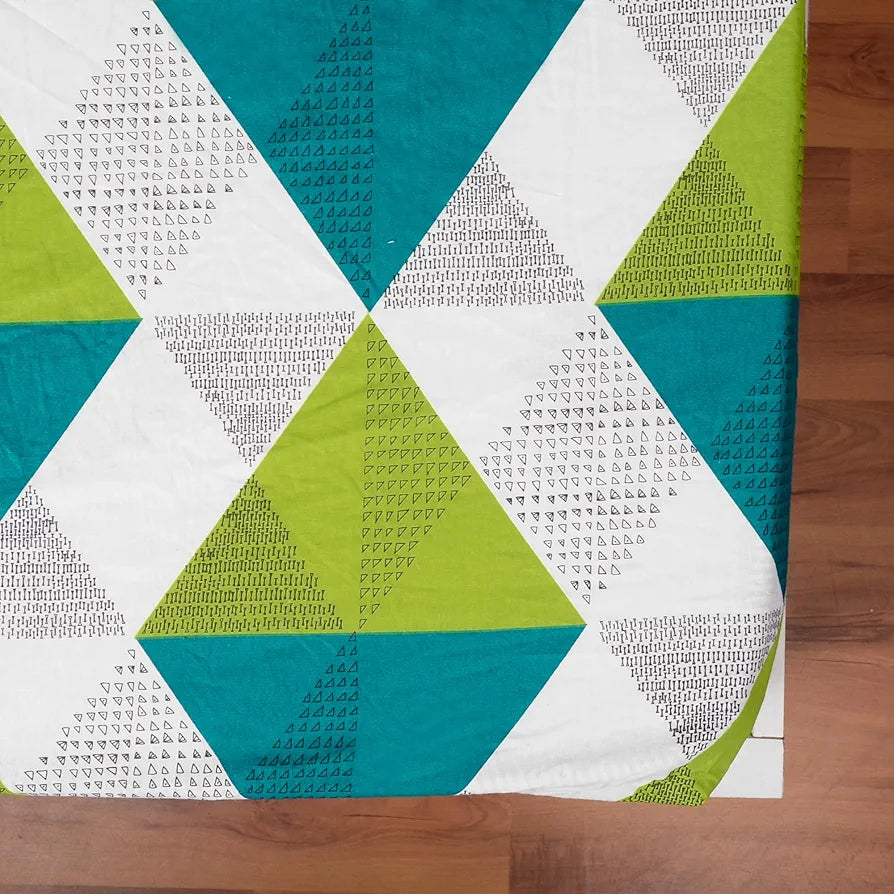 Divine Casa Green and Blue Abstarct Zig Zag Dual Print Pattern 120 TC Glace Cotton Elastic Fitted Printed Queen Size Double Bed Bedsheet with 2 Pillow Cover for Bedroom