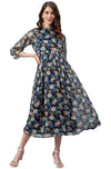 Janasya Women's Navy Blue Poly Georgette Floral Midi Dress