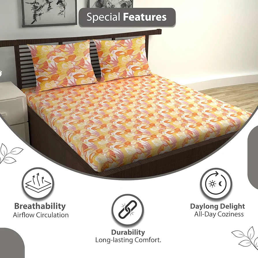 Divine Casa 144 TC 100% Pure Cotton Double Bedsheet with 2 Pillow Covers | Soft & Skin-Friendly Fabric for Everyday Comfort | All-Season Use | Size 222 x 254 CM | Floral Paisley | Mustard Orange