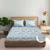 Trance Home Linen 100% Cotton 180 TC Bedsheet Queen Size Printed Fitted Bedspread with 2 Pillow Covers Silken Colour Mosaic Blue