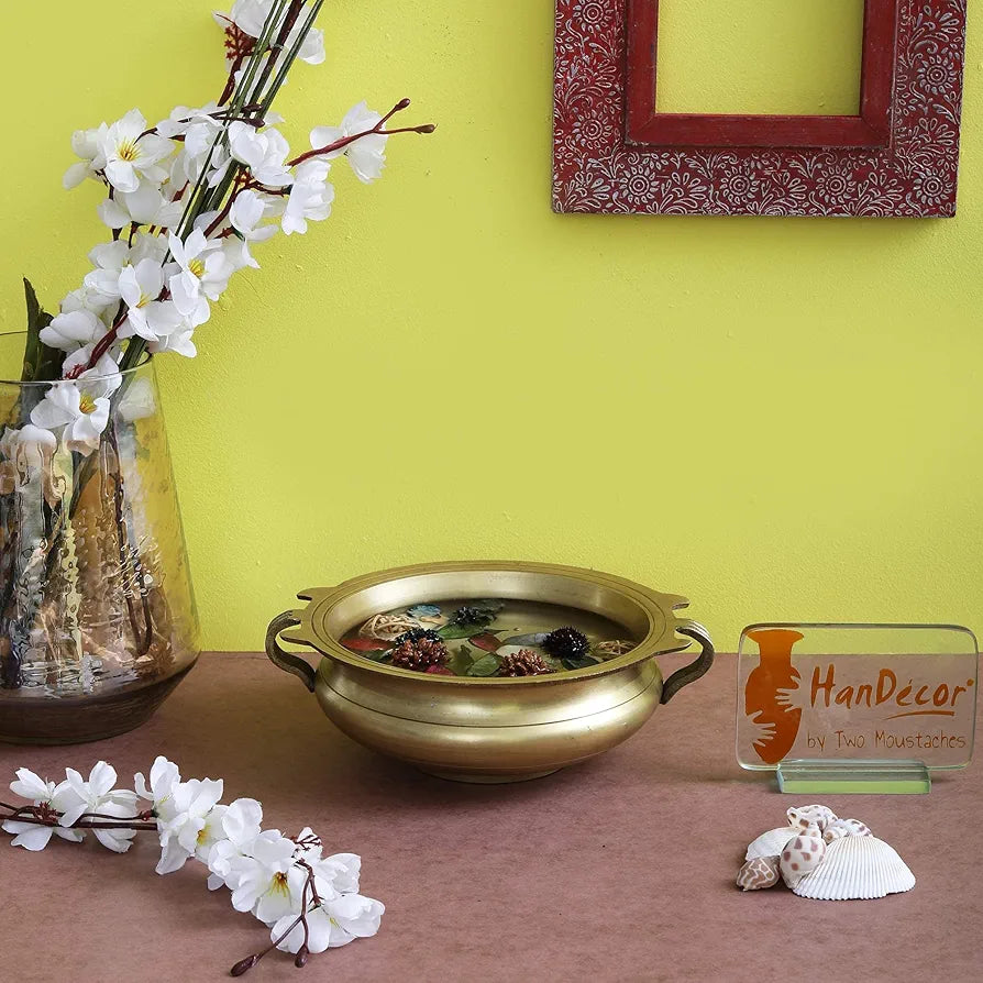 Two Moustaches Brass Urli Traditional Bowl Showpiece, Standard, Natural Brass, Antique Yellow, 1 Piece