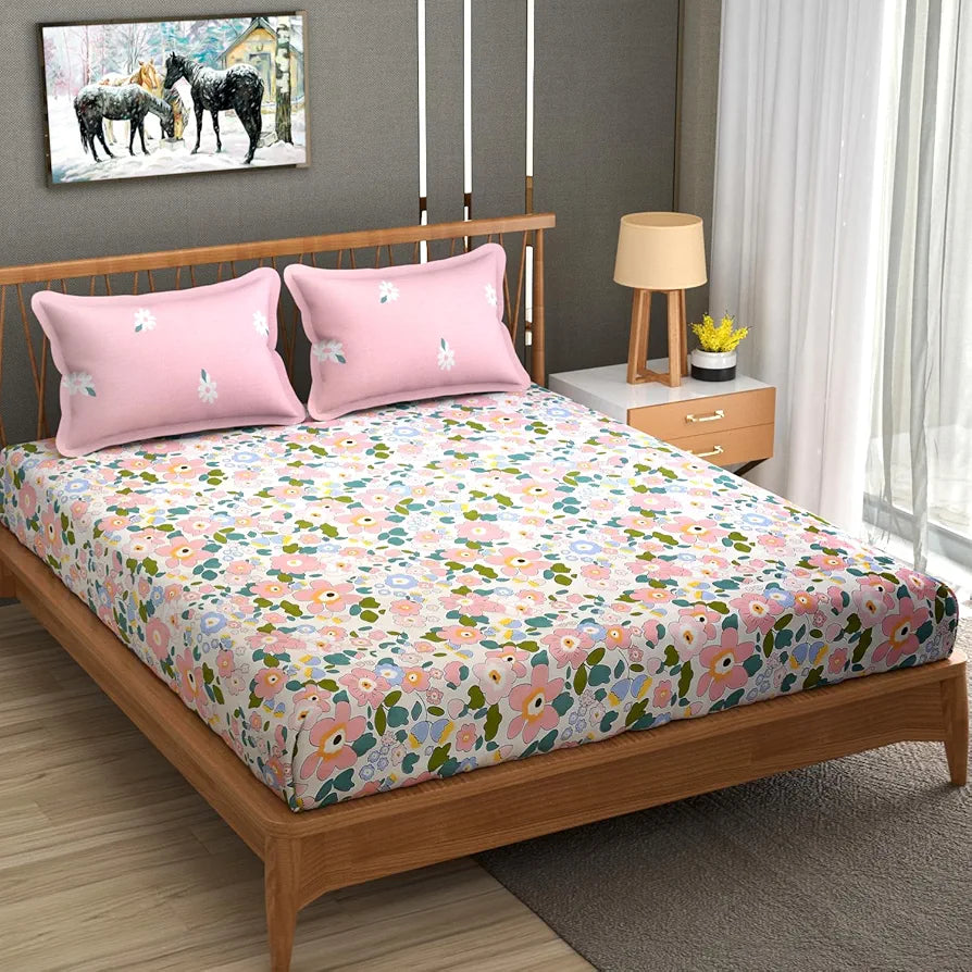 Homefab India 210 TC Glace Cotton King Size BedSheet with 2 Pillow Covers -  - Floral, Pink